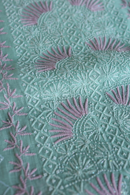Sea Green Shade Malmal Pearl Work Chikankari Fabric