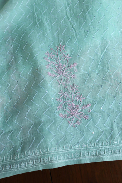Sea Green Shade Malmal Pearl Work Chikankari Fabric