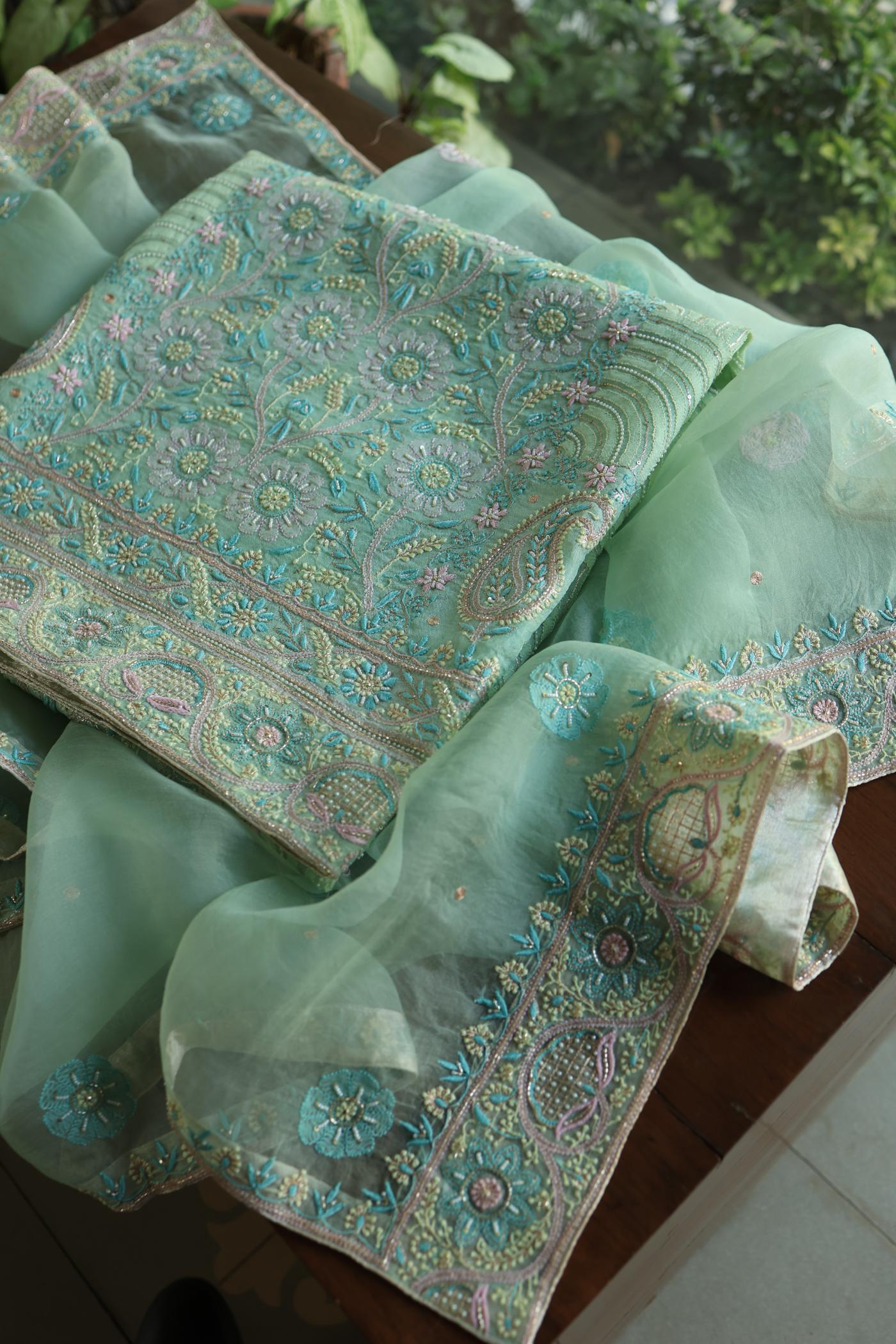 Sea Green Shade Noor Banarasi Organza Chikankari Unstitched Fabric