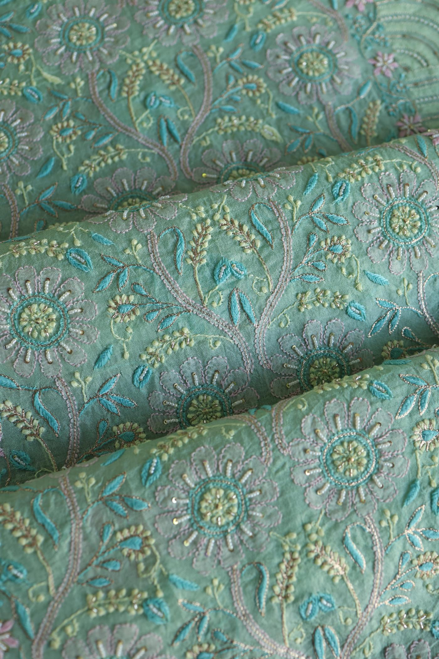 Sea Green Shade Noor Banarasi Organza Chikankari Unstitched Fabric