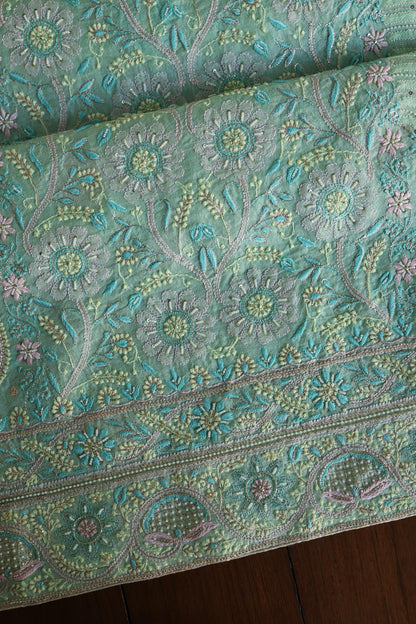 Sea Green Shade Noor Banarasi Organza Chikankari Unstitched Fabric