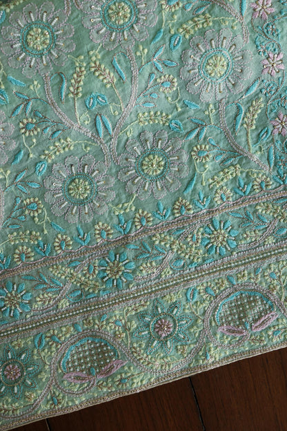 Sea Green Shade Noor Banarasi Organza Chikankari Unstitched Fabric