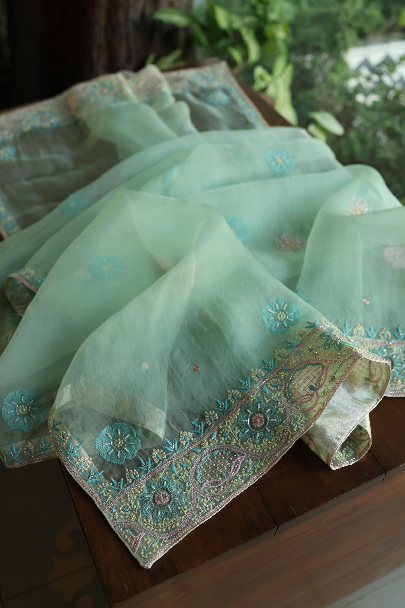Sea Green Shade Noor Banarasi Organza Chikankari Unstitched Fabric