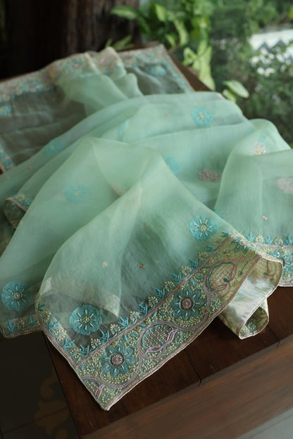 Sea Green Shade Noor Banarasi Organza Chikankari Unstitched Fabric