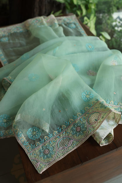 Sea Green Shade Noor Banarasi Organza Chikankari Unstitched Fabric