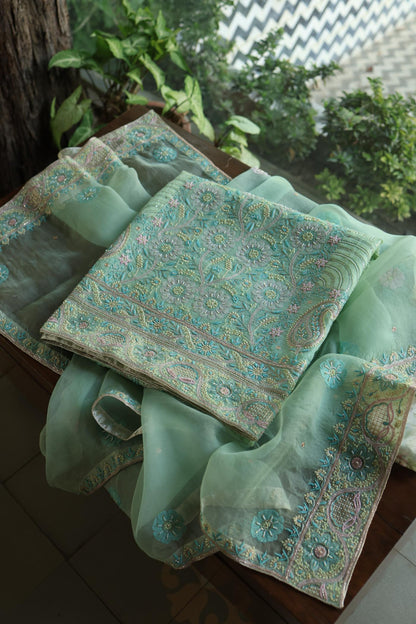 Sea Green Shade Noor Banarasi Organza Chikankari Unstitched Fabric