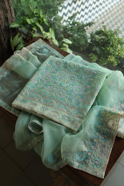 Sea Green Shade Noor Banarasi Organza Chikankari Unstitched Fabric