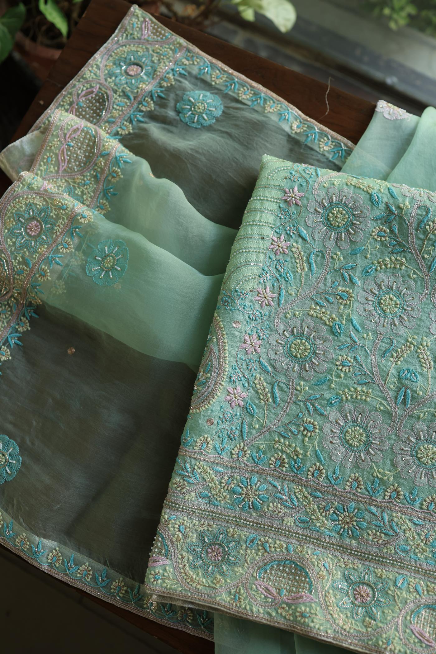 Sea Green Shade Noor Banarasi Organza Chikankari Unstitched Fabric