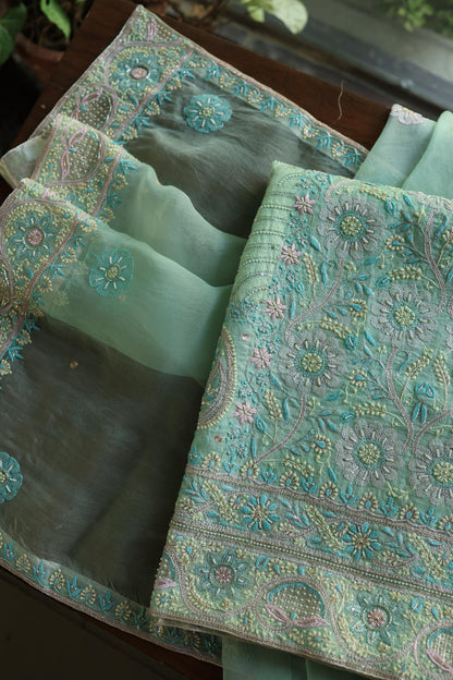 Sea Green Shade Noor Banarasi Organza Chikankari Unstitched Fabric