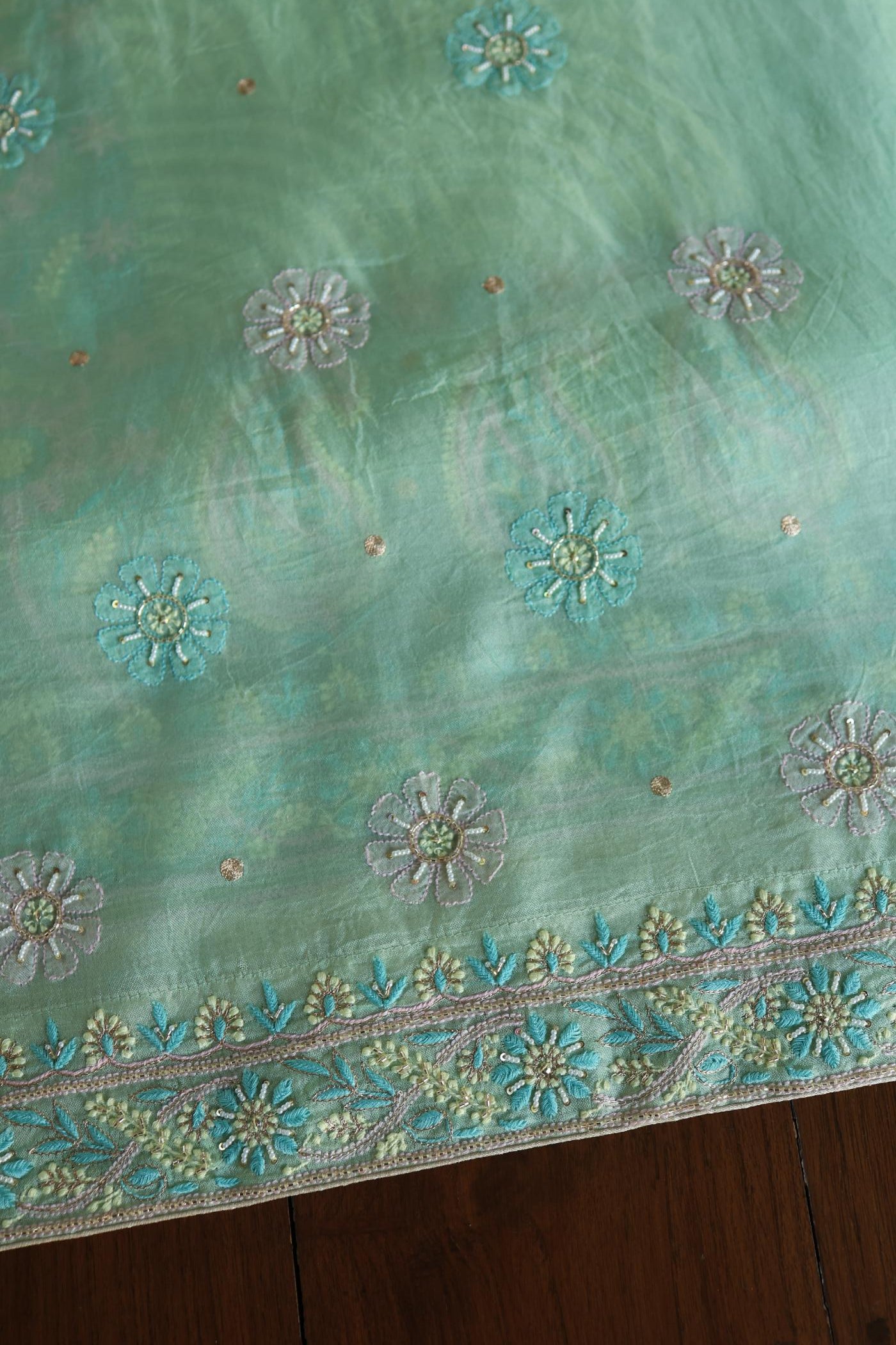 Sea Green Shade Noor Banarasi Organza Chikankari Unstitched Fabric
