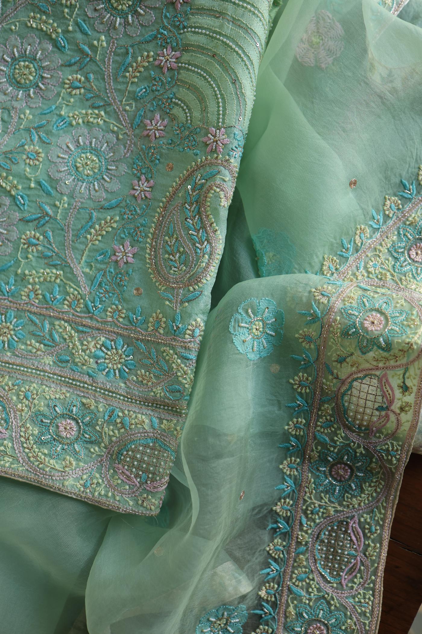 Sea Green Shade Noor Banarasi Organza Chikankari Unstitched Fabric