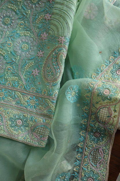 Sea Green Shade Noor Banarasi Organza Chikankari Unstitched Fabric