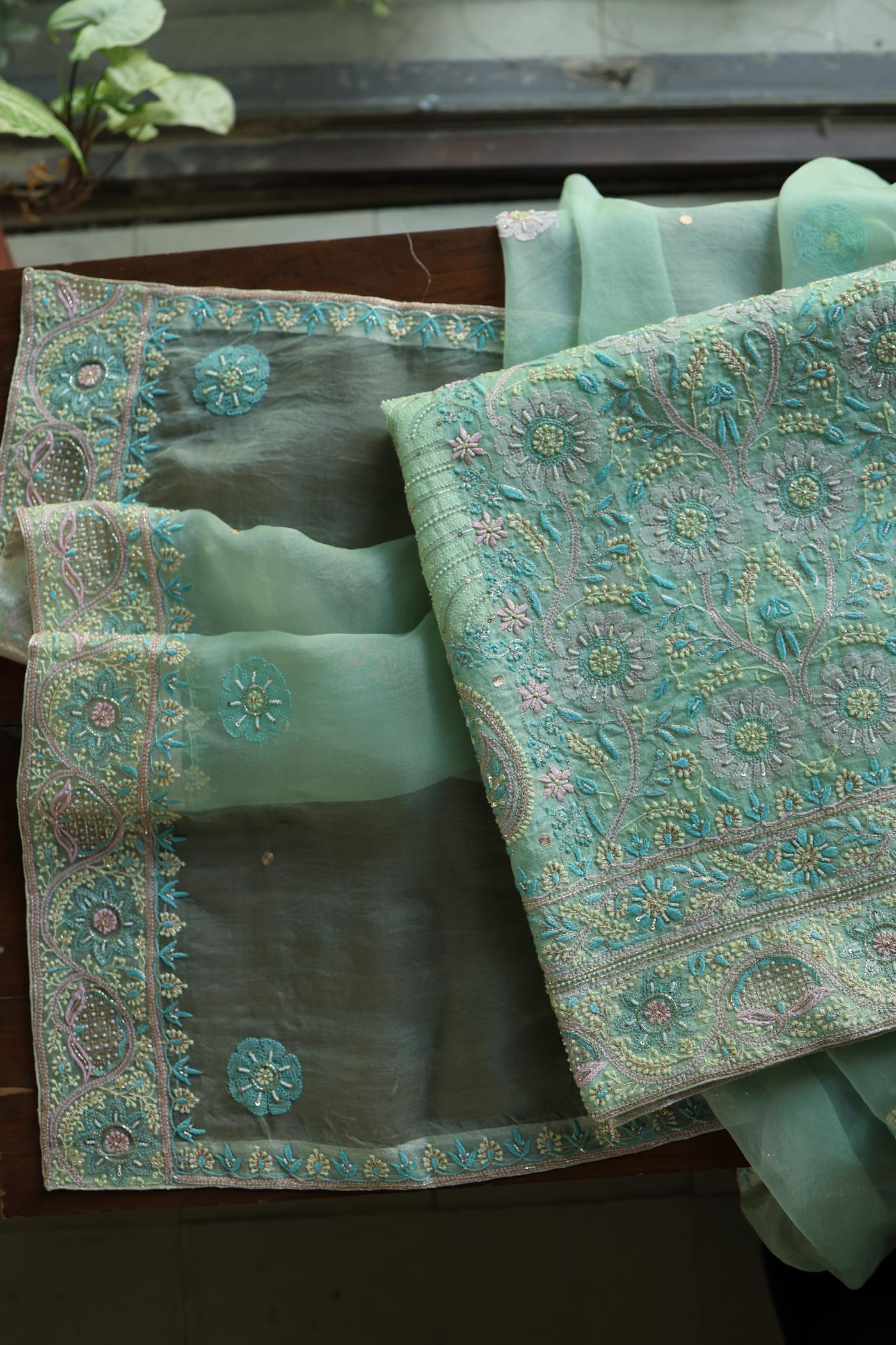 Sea Green Shade Noor Banarasi Organza Chikankari Unstitched Fabric