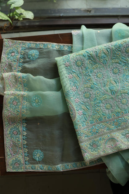 Sea Green Shade Noor Banarasi Organza Chikankari Unstitched Fabric