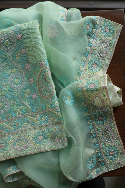 Sea Green Shade Noor Banarasi Organza Chikankari Unstitched Fabric