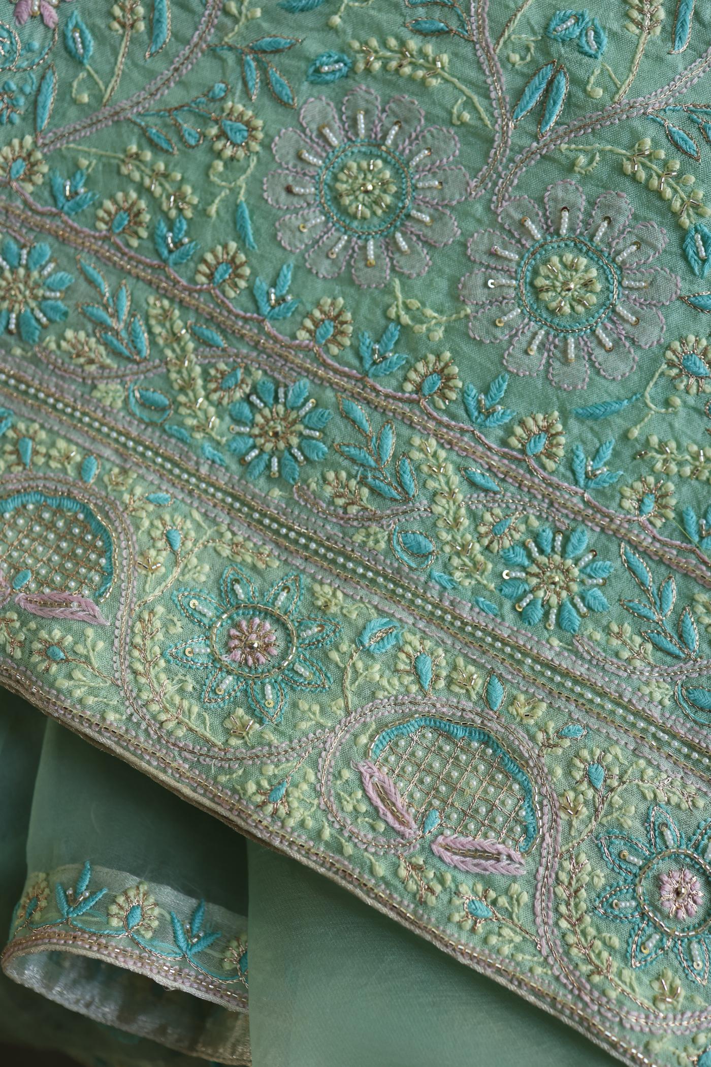 Sea Green Shade Noor Banarasi Organza Chikankari Unstitched Fabric