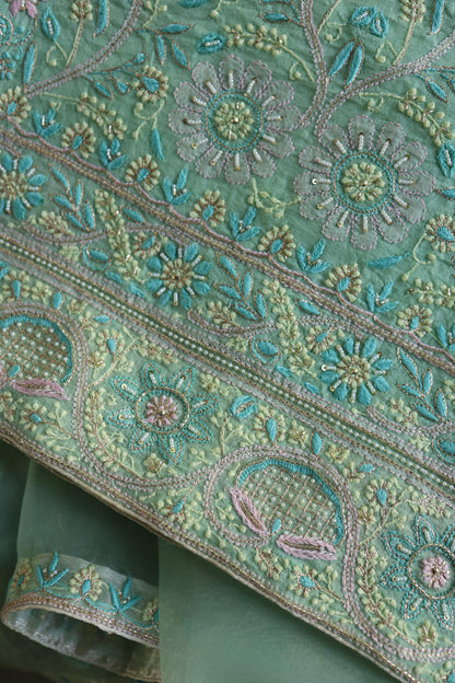 Sea Green Shade Noor Banarasi Organza Chikankari Unstitched Fabric
