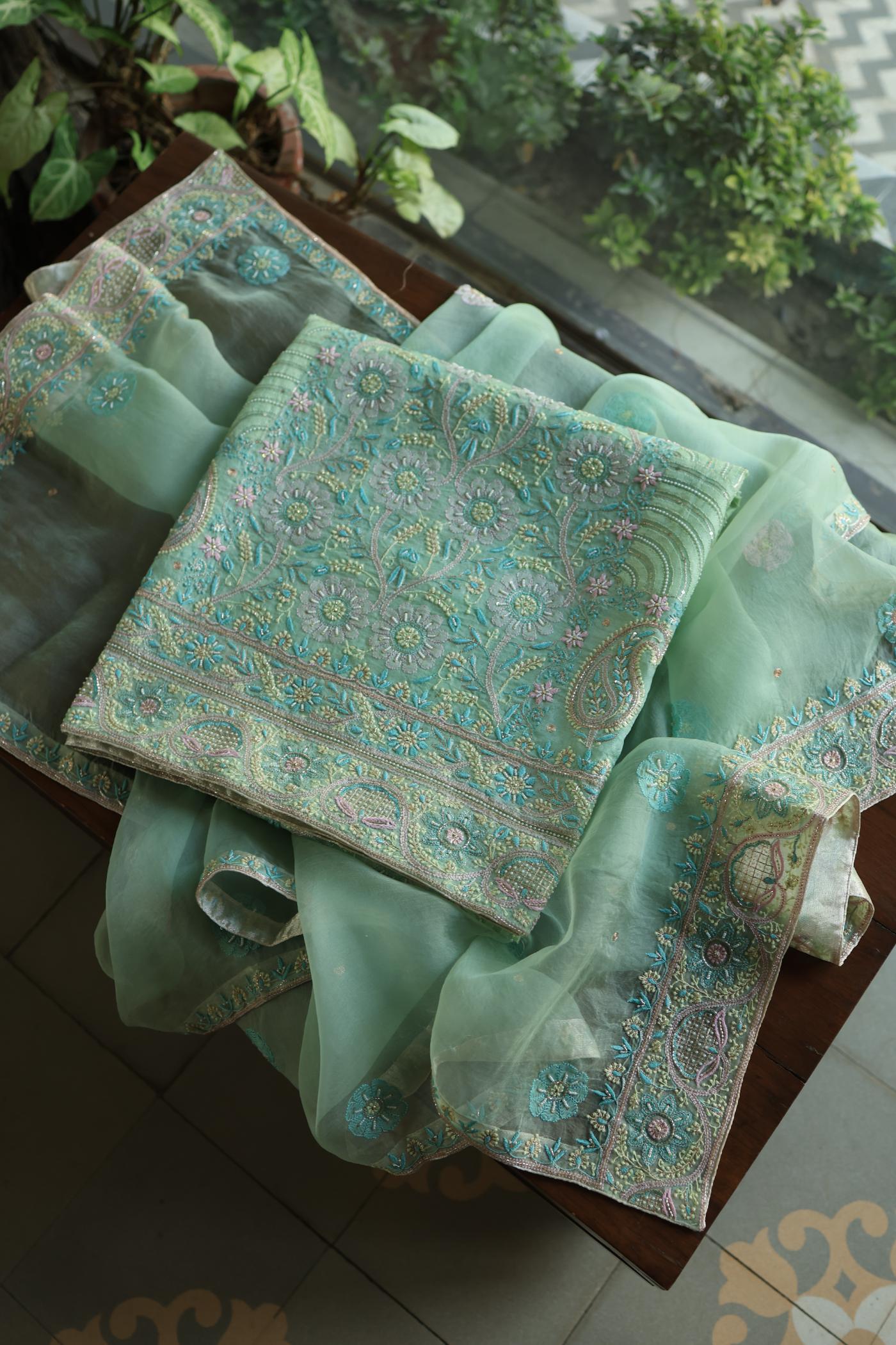 Sea Green Shade Noor Banarasi Organza Chikankari Unstitched Fabric