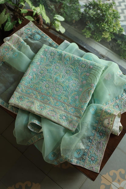 Sea Green Shade Noor Banarasi Organza Chikankari Unstitched Fabric