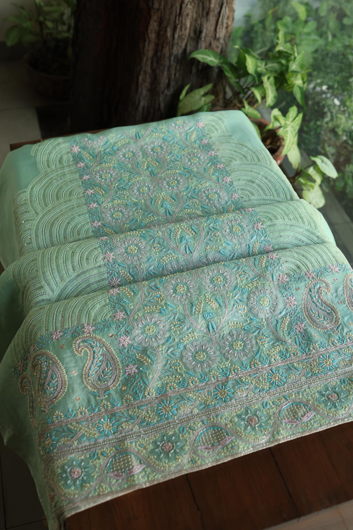 Sea Green Shade Noor Banarasi Organza Chikankari Unstitched Fabric