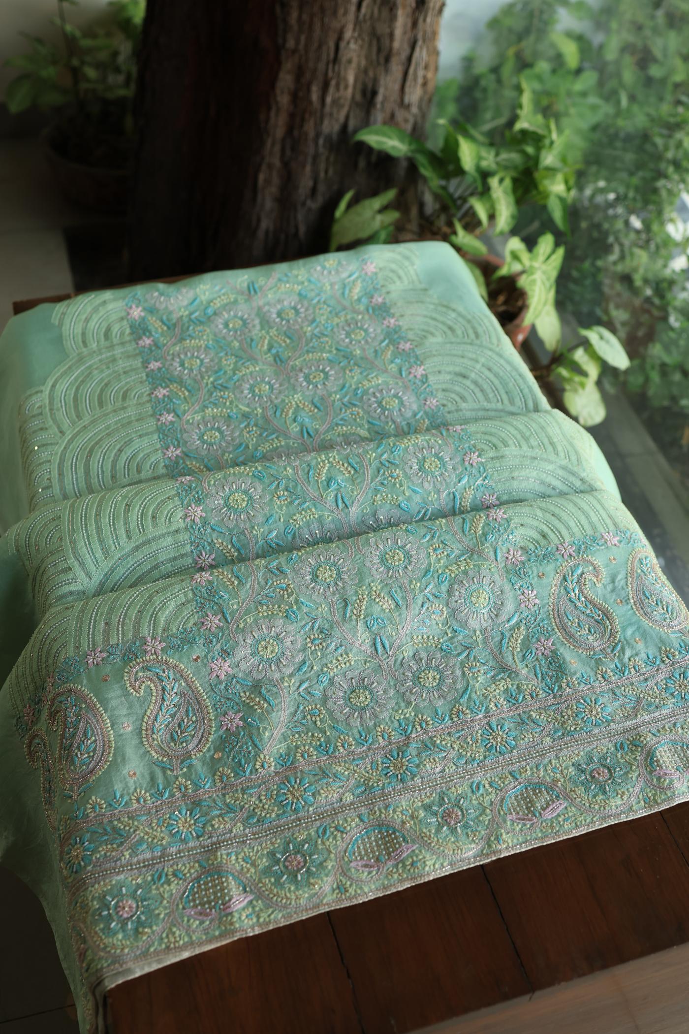 Sea Green Shade Noor Banarasi Organza Chikankari Unstitched Fabric