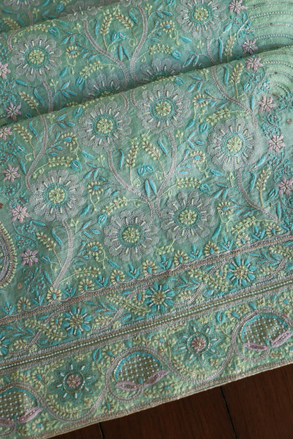 Sea Green Shade Noor Banarasi Organza Chikankari Unstitched Fabric