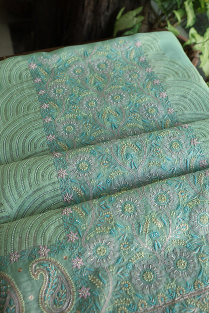 Sea Green Shade Noor Banarasi Organza Chikankari Unstitched Fabric