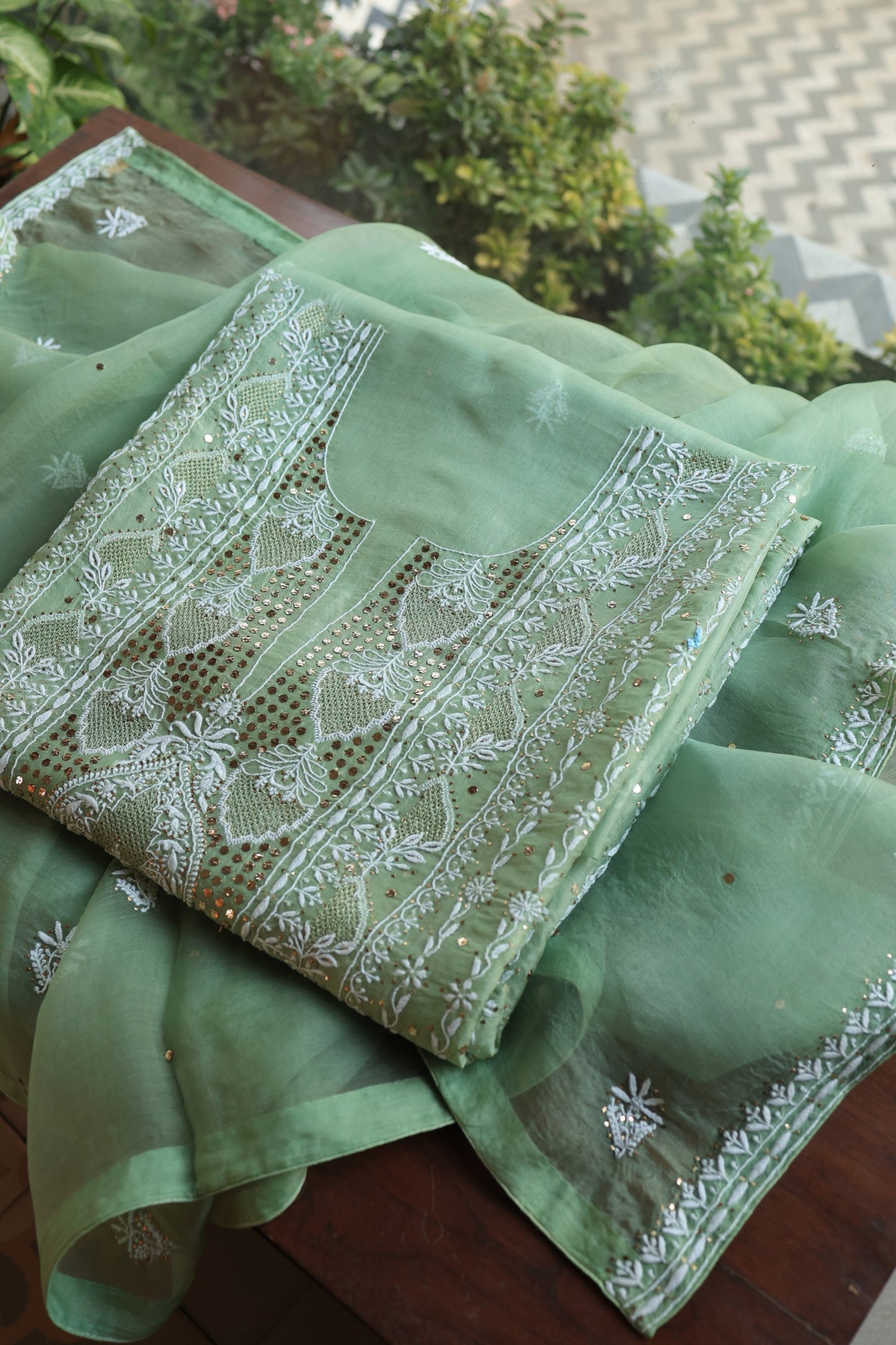 Sea Green Shade Noor Organza Silk Chikankari With Kamdani Fabric