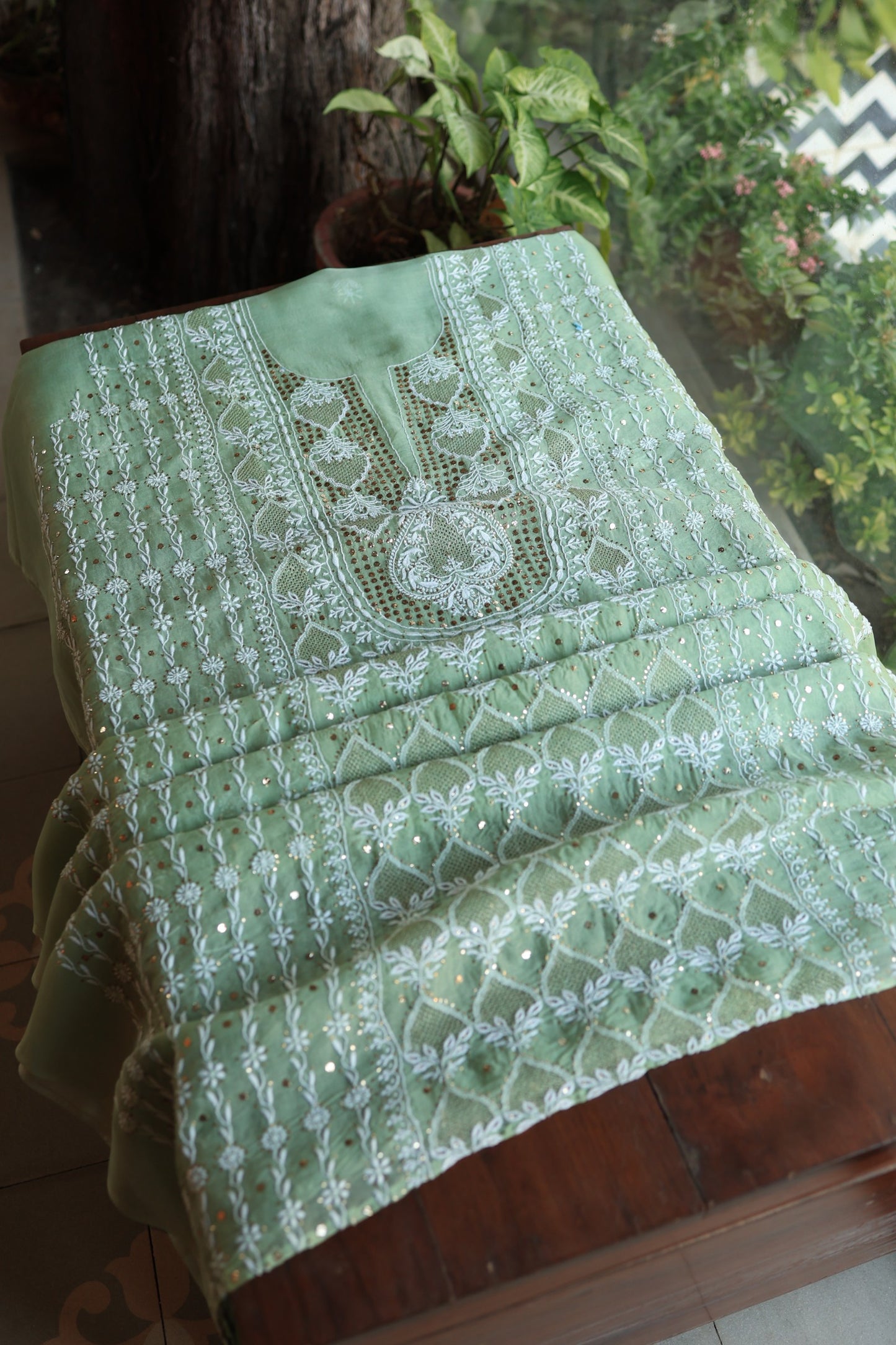 Sea Green Shade Noor Organza Silk Chikankari With Kamdani Fabric