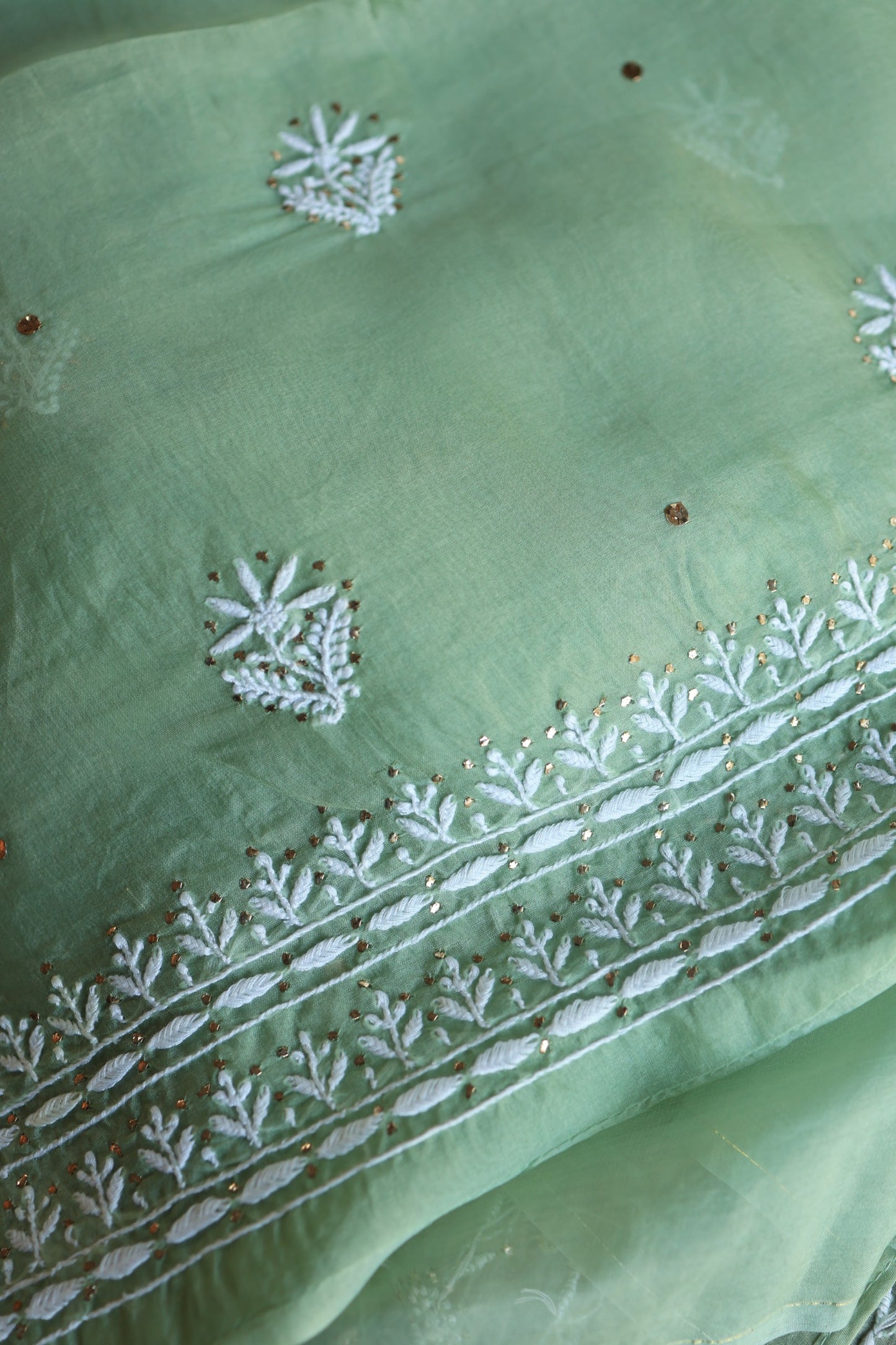 Sea Green Shade Noor Organza Silk Chikankari With Kamdani Fabric