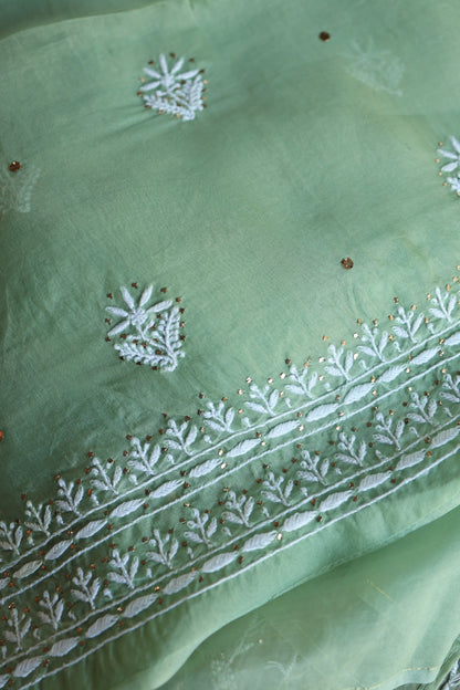Sea Green Shade Noor Organza Silk Chikankari With Kamdani Fabric