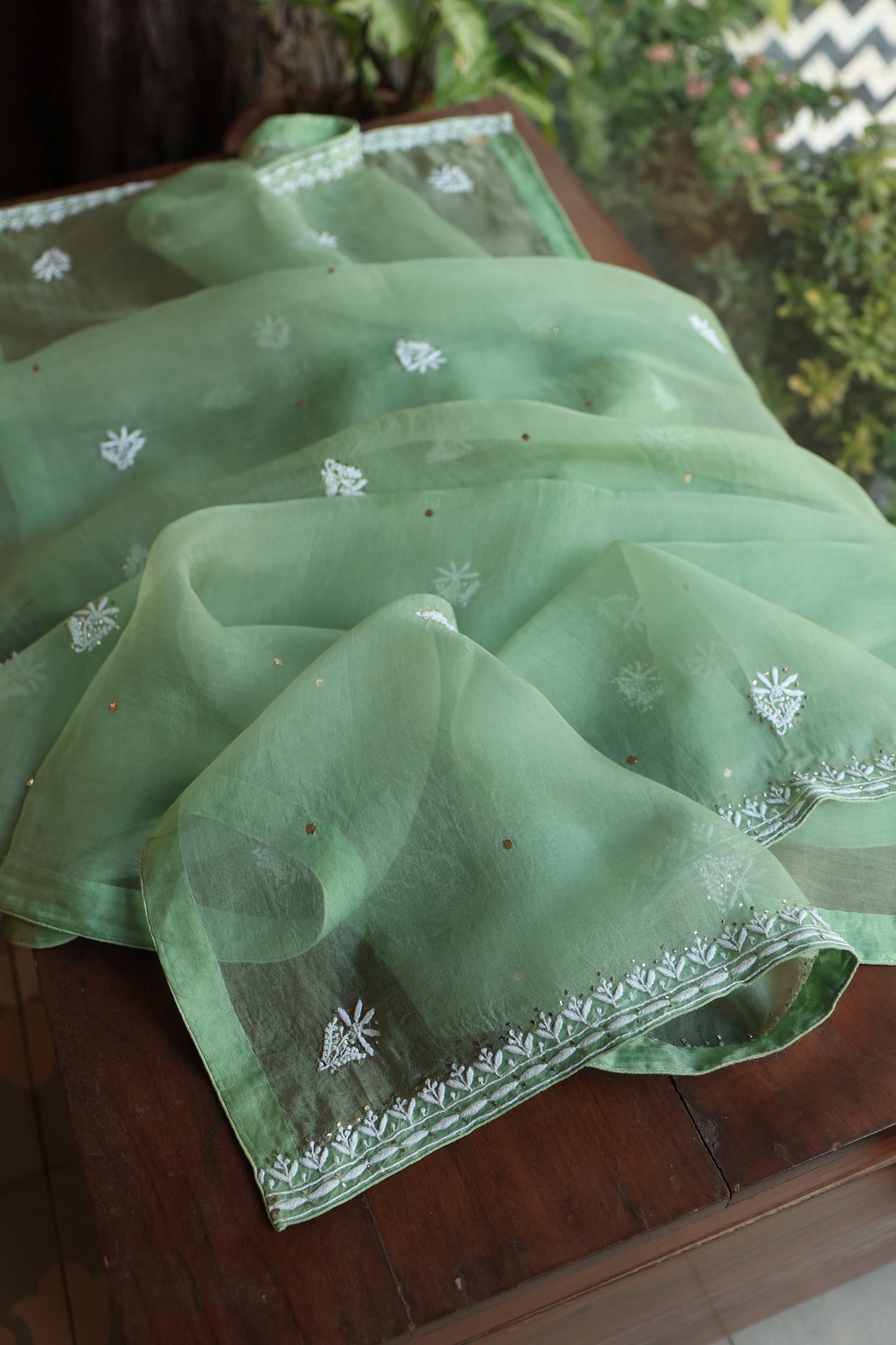 Sea Green Shade Noor Organza Silk Chikankari With Kamdani Fabric