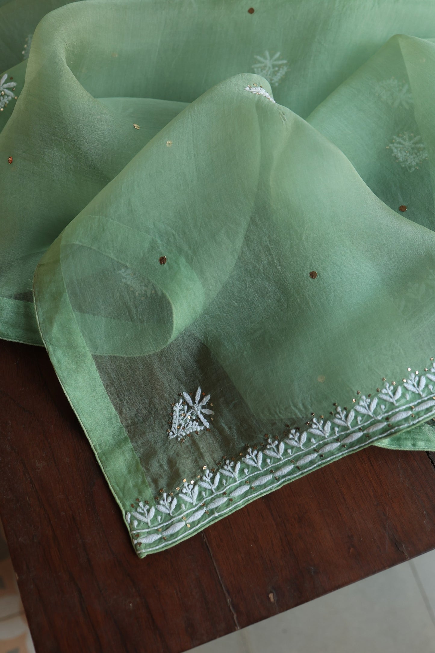 Sea Green Shade Noor Organza Silk Chikankari With Kamdani Fabric