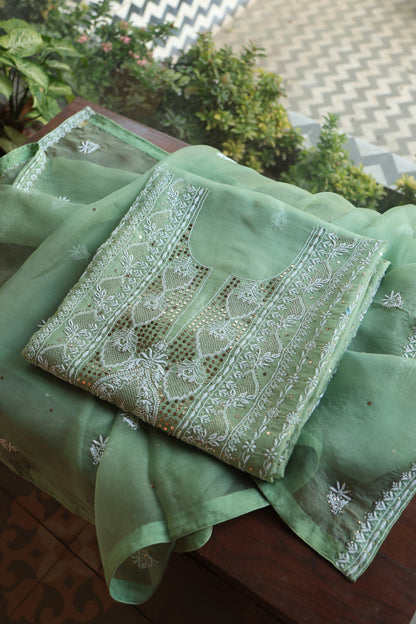 Sea Green Shade Noor Organza Silk Chikankari With Kamdani Fabric