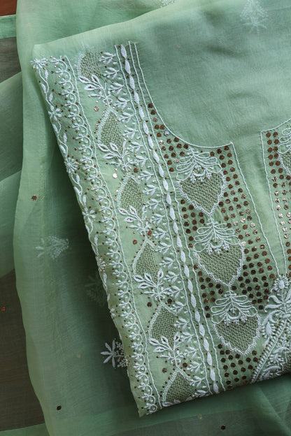 Sea Green Shade Noor Organza Silk Chikankari With Kamdani Fabric