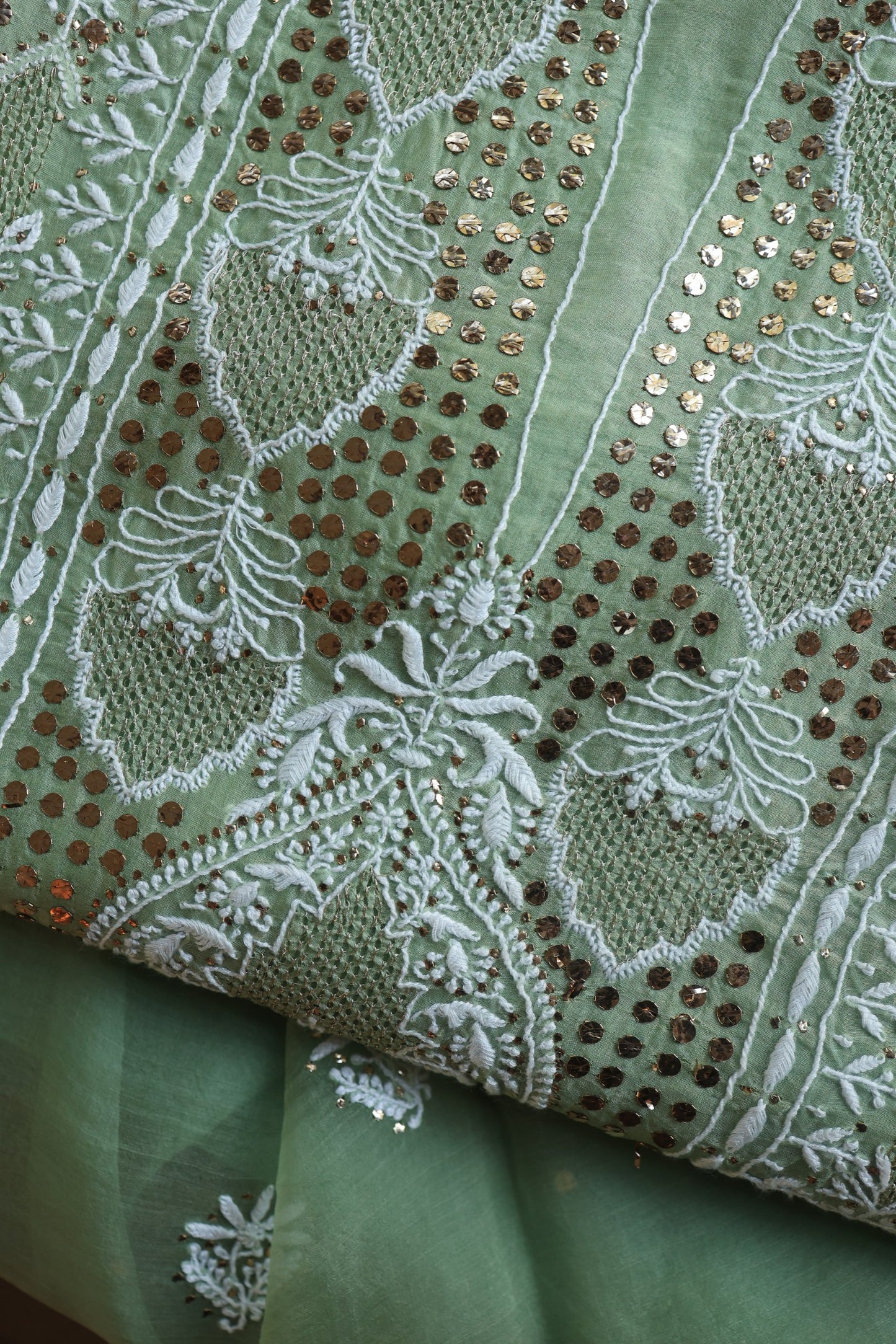 Sea Green Shade Noor Organza Silk Chikankari With Kamdani Fabric