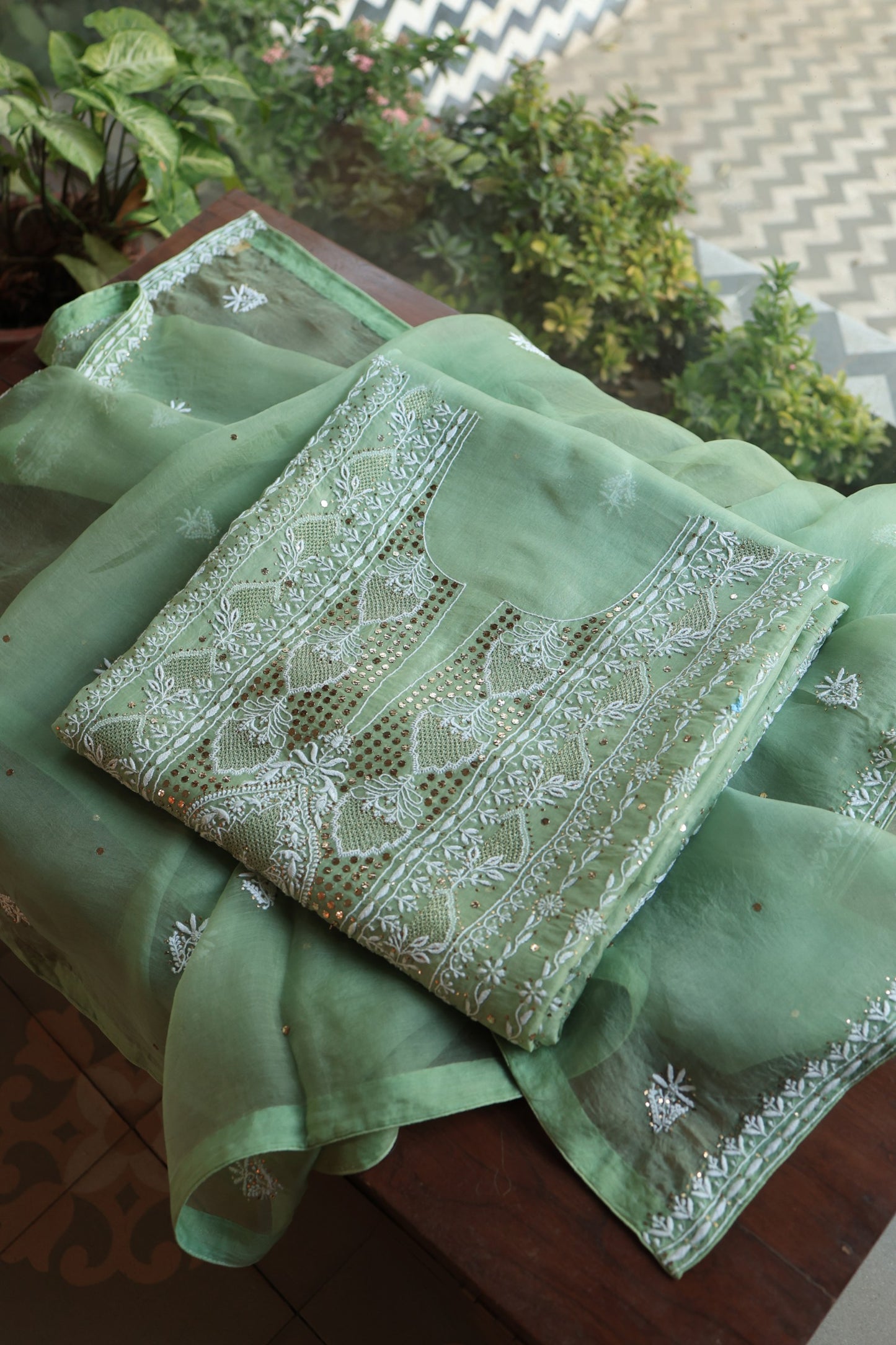 Sea Green Shade Noor Organza Silk Chikankari With Kamdani Fabric