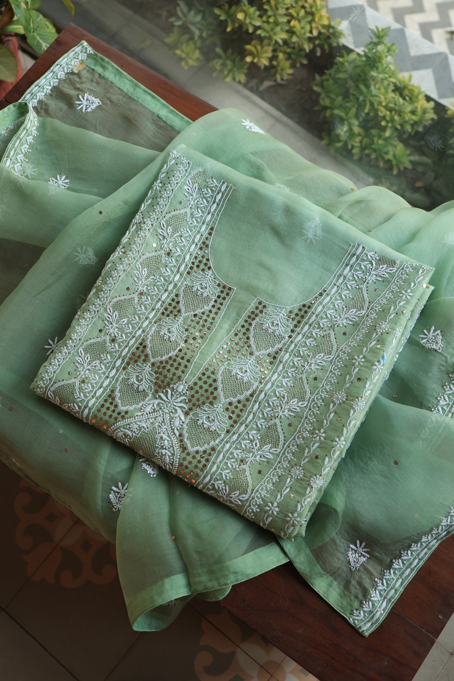 Sea Green Shade Noor Organza Silk Chikankari With Kamdani Fabric