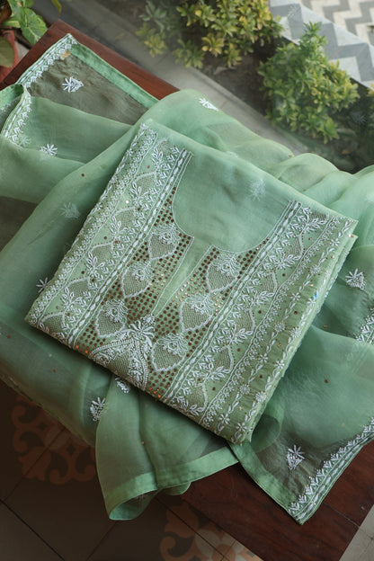 Sea Green Shade Noor Organza Silk Chikankari With Kamdani Fabric