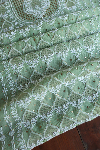 Sea Green Shade Noor Organza Silk Chikankari With Kamdani Fabric