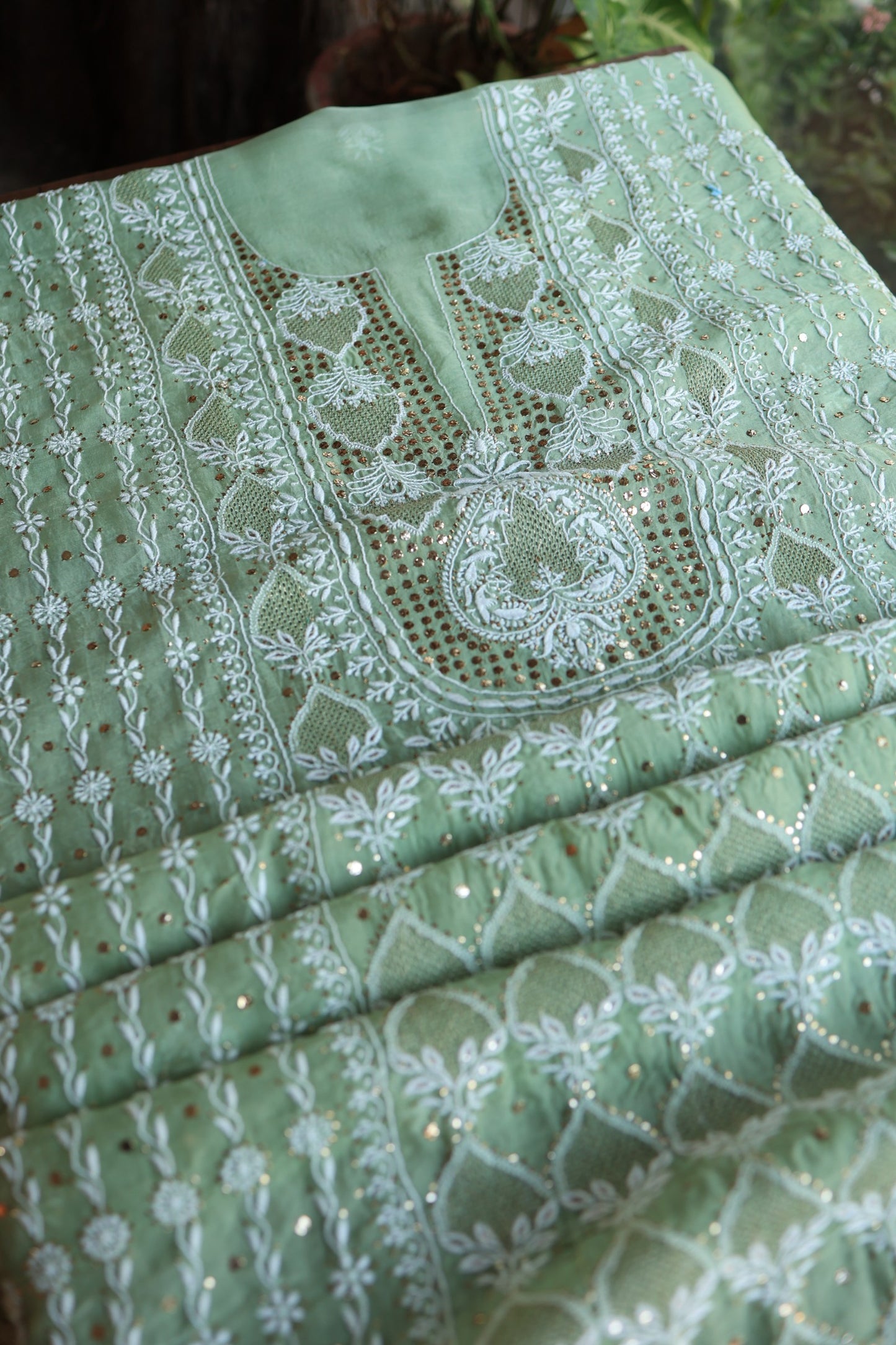 Sea Green Shade Noor Organza Silk Chikankari With Kamdani Fabric