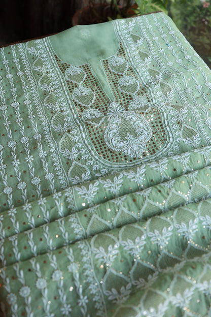 Sea Green Shade Noor Organza Silk Chikankari With Kamdani Fabric