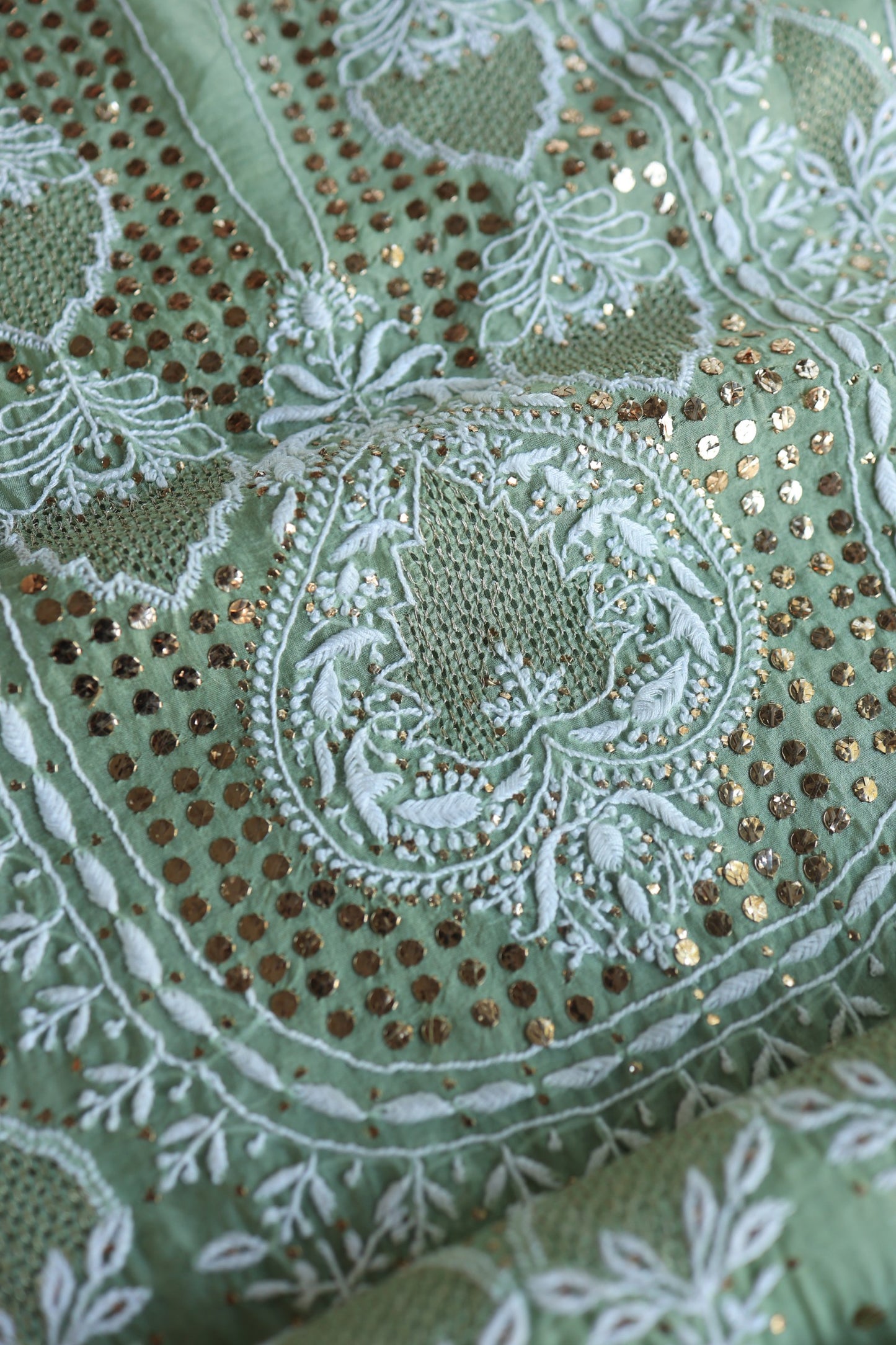 Sea Green Shade Noor Organza Silk Chikankari With Kamdani Fabric