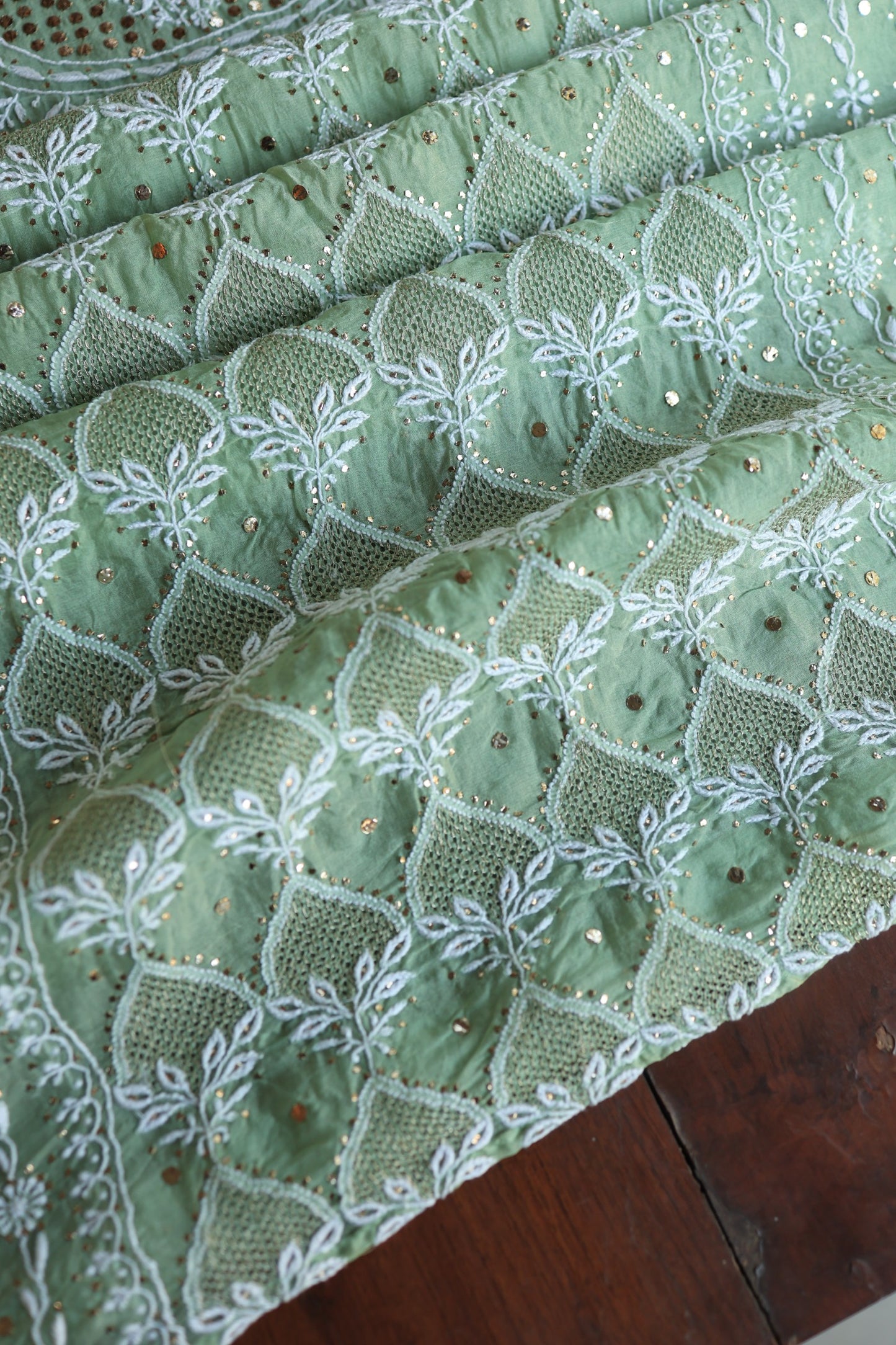 Sea Green Shade Noor Organza Silk Chikankari With Kamdani Fabric