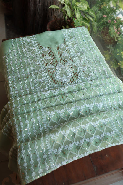 Sea Green Shade Noor Organza Silk Chikankari With Kamdani Fabric