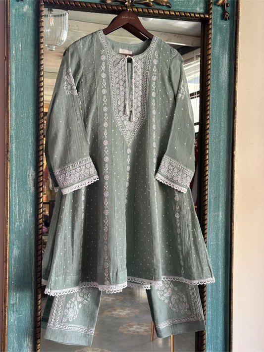 Sea Green Shade Tissue Silk Chikankari Co-Ord Set