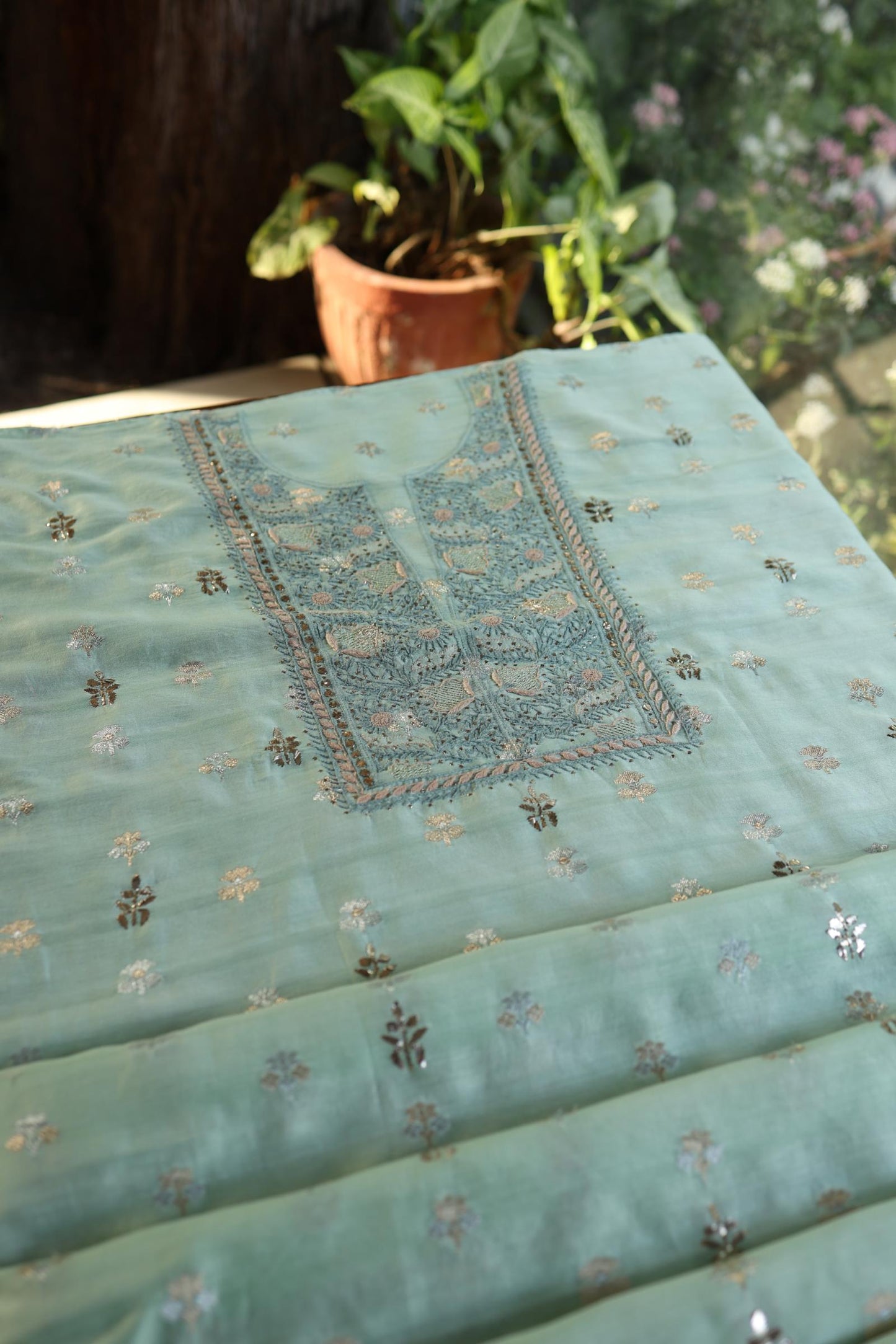 Sea Green Shade Zari Booti Fine Chikankari With Kamdani Work Unstitched Fabric