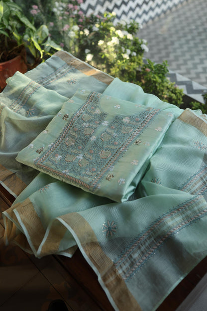 Sea Green Shade Zari Booti Fine Chikankari With Kamdani Work Unstitched Fabric