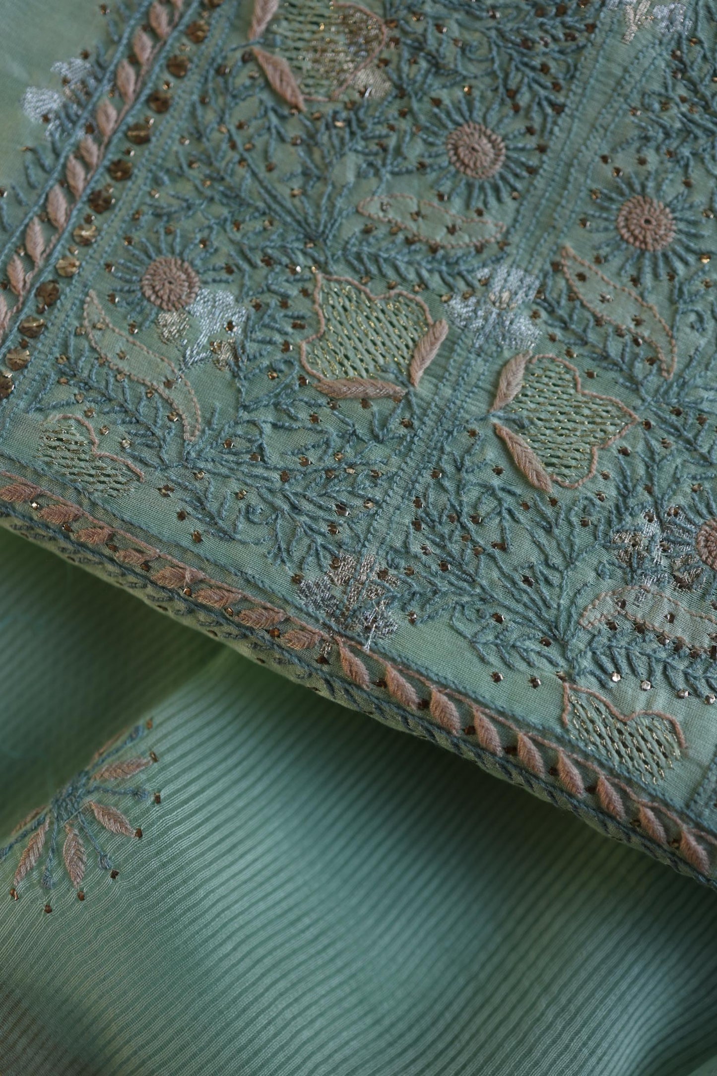 Sea Green Shade Zari Booti Fine Chikankari With Kamdani Work Unstitched Fabric