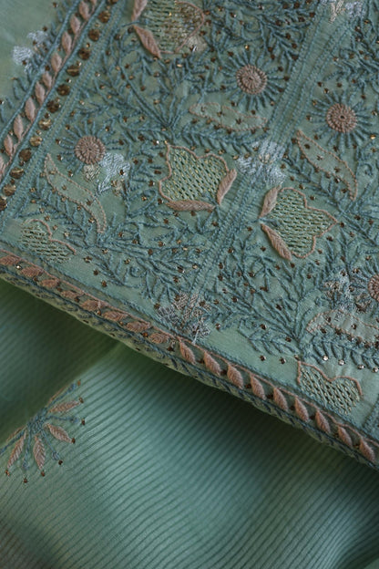 Sea Green Shade Zari Booti Fine Chikankari With Kamdani Work Unstitched Fabric